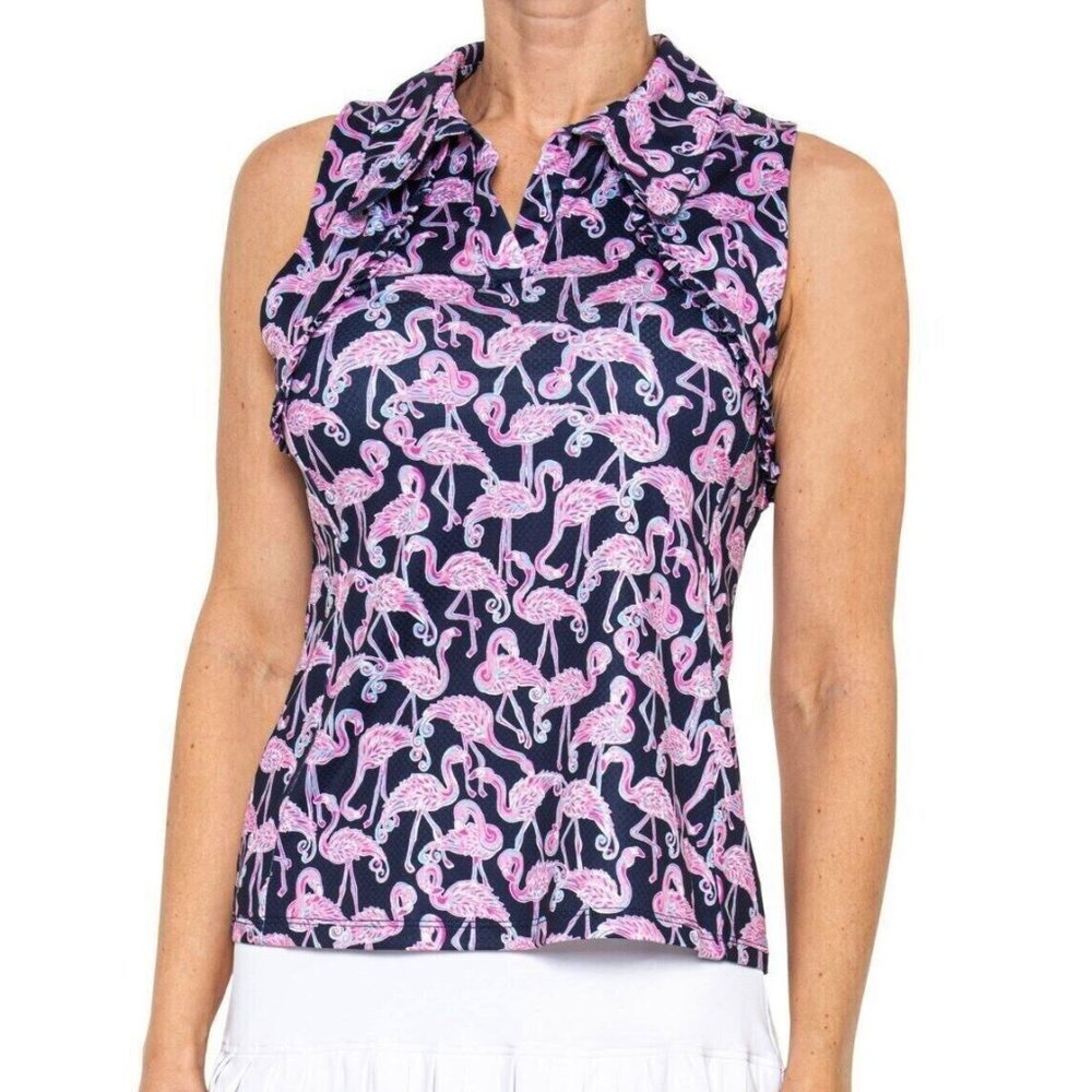 NWT Gottex Women's Flamingo Ruffle Sleeveless Golf Polo Shirt Small S